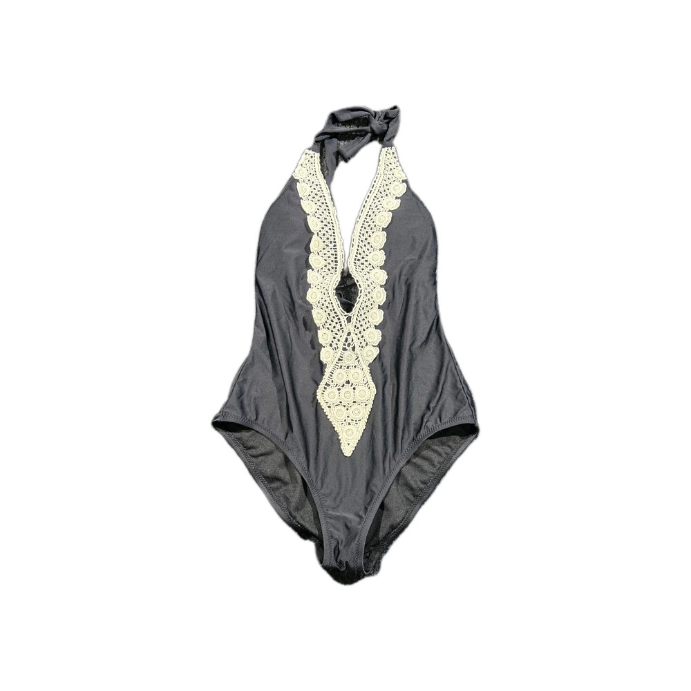 Kona Sol Women Swimsuit S Black White Crochet Trim Halter Neck Compression Beach